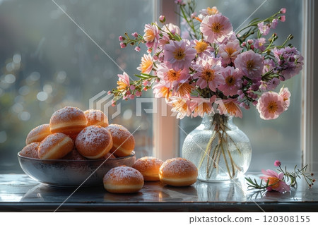 Delightful Doughnuts and Fresh Flowers Beautifully Arranged on a Lovely Window Sill 120308155