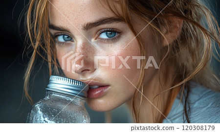 Portrait of young woman enjoying water after home workout Generative AI 120308179
