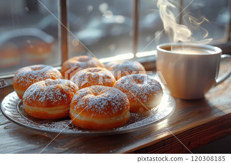Indulge in Delicious Freshly Baked Donuts and Aromatic Coffee on a Cozy, Warm Windowsill 120308185