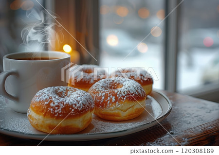 Enjoying a Cozy Morning Delight Freshly Brewed Coffee and Delicious Donuts by the Window 120308189