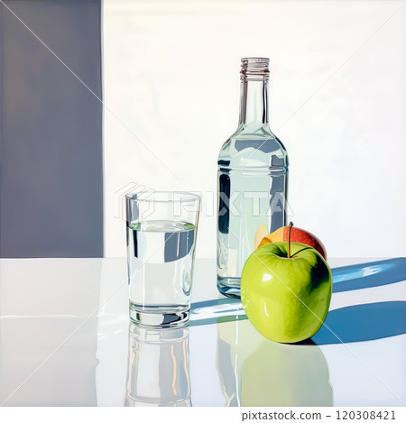 Bottle of water and glass on a white table. 120308421