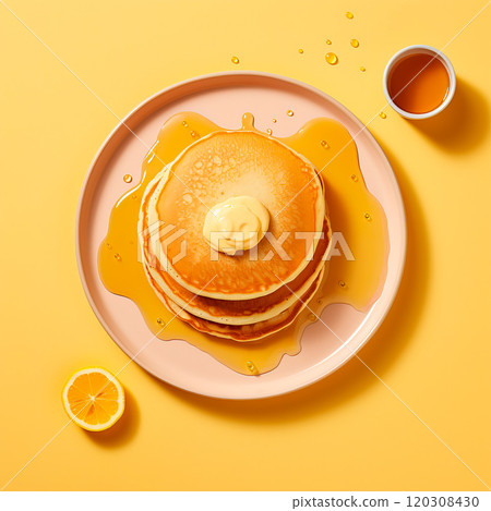 Stack of delicious pancakes with honey or maple syrup on plate 120308430