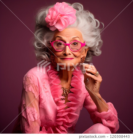 Cheerful glamorous old woman with gray hair dressed in pink. Concept of fun old age or eternal youth 120308443