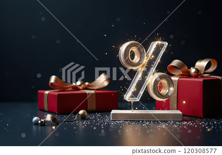 Neon glowing gold percentage sign on Christmas background with Christmas tree, glitter and gift boxes. Black Friday, New Year, Christmas sale, discounts. banner, flyer with copy space. AI generated Neon glowing gold percentage sign on Christmas background with Christmas tree, glitter and gift boxes. Black Friday, New Year, Christmas sale, discounts. banner, flyer with copy space. AI generated 120308577