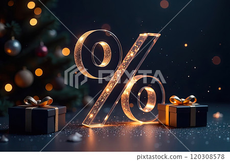 Neon glowing gold percentage sign on Christmas background with Christmas tree, glitter and gift boxes. Shop window for Black Friday, New Year, Christmas sale, discounts. banner, flyer. AI generated Neon glowing gold percentage sign on Christmas background with Christmas tree, glitter and gift boxes. Shop window for Black Friday, New Year, Christmas sale, discounts. banner, flyer. AI generated 120308578