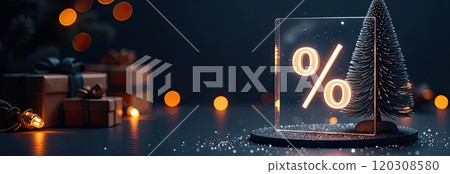 Neon glowing gold percentage sign on Christmas background with Christmas tree, glitter and gift boxes. Black Friday, New Year, Christmas sale, discounts. banner, flyer with copy space. AI generated Neon glowing gold percentage sign on Christmas background with Christmas tree, glitter and gift boxes. Black Friday, New Year, Christmas sale, discounts. banner, flyer with copy space. AI generated 120308580