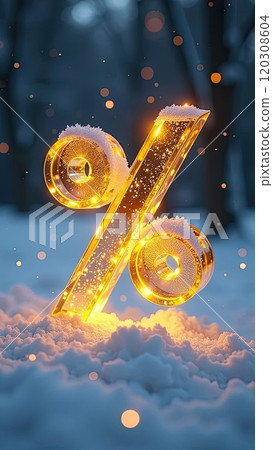 Neon glowing gold percentage sign on snow background outdoor, glitter and snowflakes. Winter sale and discounts, Black Friday, New Year, Christmas. banner, flyer with copy space. AI generated Neon glowing gold percentage sign on snow background outdoor, glitter and snowflakes. Winter sale and discounts, Black Friday, New Year, Christmas. banner, flyer with copy space. AI generated 120308604