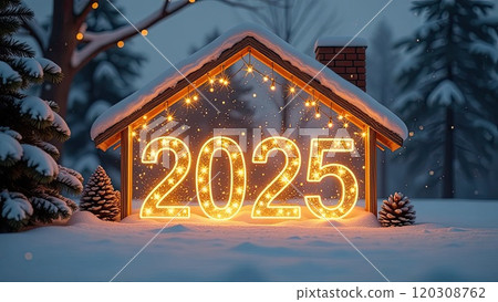 Transparent gold luminous numbers 2025 under roof of house on snowy New Year background with golden glitter. Real estate, realtor, mortgage, insurance. AI generated Transparent gold luminous numbers 2025 under roof of house on snowy New Year background with golden glitter. Real estate, realtor, mortgage, insurance. AI generated 120308762