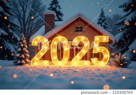 Transparent gold luminous numbers 2025 under roof of house on snowy New Year background with golden glitter. Real estate, realtor, mortgage, insurance. AI generated 120308764