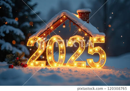 Transparent gold luminous numbers 2025 under roof of house on snowy New Year background with golden glitter. Real estate, realtor, mortgage, insurance. AI generated Transparent gold luminous numbers 2025 under roof of house on snowy New Year background with golden glitter. Real estate, realtor, mortgage, insurance. AI generated 120308765