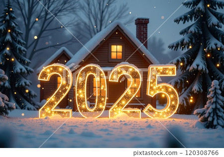 Transparent gold luminous numbers 2025 under roof of house on snowy New Year background with golden glitter. Real estate, realtor, mortgage, insurance. AI generated Transparent gold luminous numbers 2025 under roof of house on snowy New Year background with golden glitter. Real estate, realtor, mortgage, insurance. AI generated 120308766