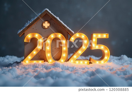 Transparent gold luminous numbers 2025 under roof of house on snowy New Year background with golden glitter. Real estate, realtor, mortgage, insurance. AI generated 120308885