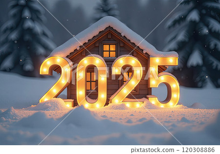 Transparent gold luminous numbers 2025 under roof of house on snowy New Year background with golden glitter. Real estate, realtor, mortgage, insurance. AI generated 120308886