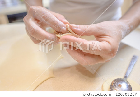 Hands making traditional dumplings with meat filling in a cozy kitchen during afternoon Hands making traditional dumplings with meat filling in a cozy kitchen during afternoon 120309217