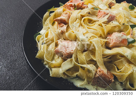 tagliatelle pasta, in cream sauce with salmon, homemade, no people, 120309350