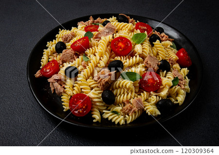 Tuna salad, fusilli pasta, olives and cherry, olive oil, homemade, Tuna salad, fusilli pasta, olives and cherry, olive oil, homemade, 120309364