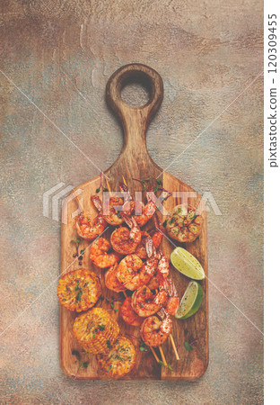 tiger prawns on skewers, shrimp kebab, with corn, fried, homemade, no people, tiger prawns on skewers, shrimp kebab, with corn, fried, homemade, no people, 120309455