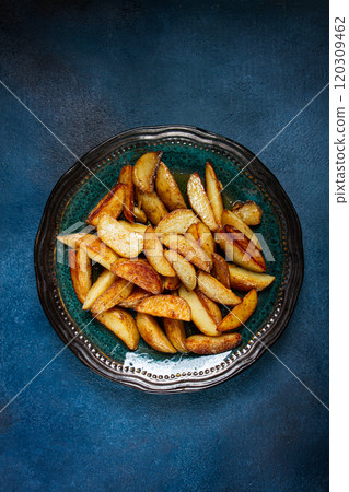 fried potato slices, on a plate, top view, homemade, no people, fried potato slices, on a plate, top view, homemade, no people, 120309462