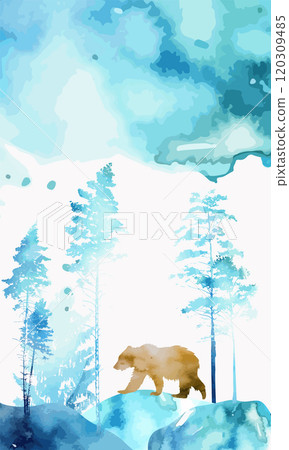 Watercolor background. Bear in the winter forest. hand drawing. Not AI, Vector illustration 120309485