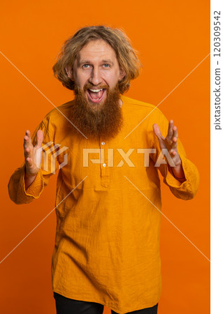 Happy Caucasian man celebrating success winning birthday lottery jackpot goal achievement good news Happy Caucasian man celebrating success winning birthday lottery jackpot goal achievement good news 120309542