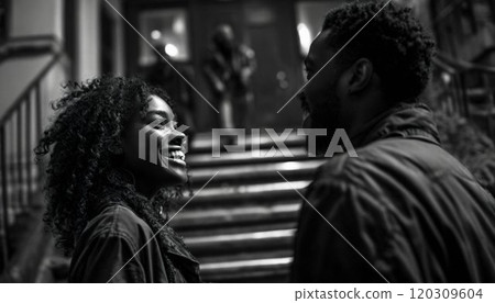 Black guy and girl are chatting cheerfully while two unknown people are coming down the stairs 120309604