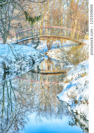Colorful landscape with snowy trees, beautiful frozen river with reflection in water. 120309666