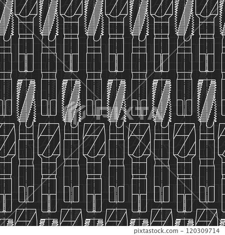 Mechanical engineering drawings on black background. Tap tools, borer. Technical Design. Cover. Blueprint. Seamless pattern. Vector illustration. 120309714