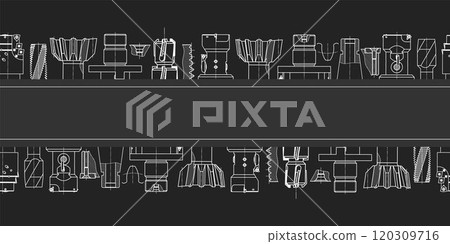 Mechanical engineering drawings on black background. Tap tools, borer. Technical Design. Cover. Blueprint. Seamless pattern. Vector illustration. Mechanical engineering drawings on black background. Tap tools, borer. Technical Design. Cover. Blueprint. Seamless pattern. Vector illustration. 120309716