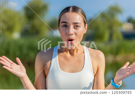 Athletic fitness runner girl woman touches face in surprise looking at camera in urban city park 120309785