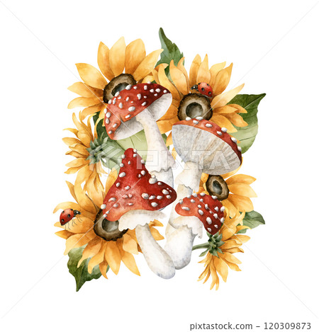 Red fly agaric mushrooms with sunflowers and ladybugs. Autumn floral arrangement. Watercolor hand painted isolated illustration for fall design, cozy prints, kitchen textile, home decor, cards 120309873