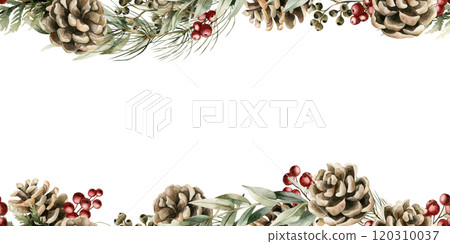 Christmas Frame with pine cones, red berries, pine, cedar and eucalyptus branches. Watercolor hand painted isolated floral illustration for Christmas winter design, botanical cards, holiday prints 120310037