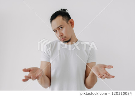 Shrug whatever face man in white t-shirt isolate on white. Shrug whatever face man in white t-shirt isolate on white. 120310084