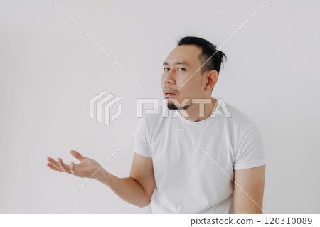 Shrug whatever face man in white t-shirt isolate on white. Shrug whatever face man in white t-shirt isolate on white. 120310089