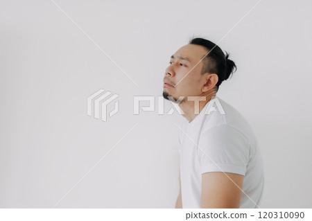 Shrug whatever face man in white t-shirt isolate on white. 120310090