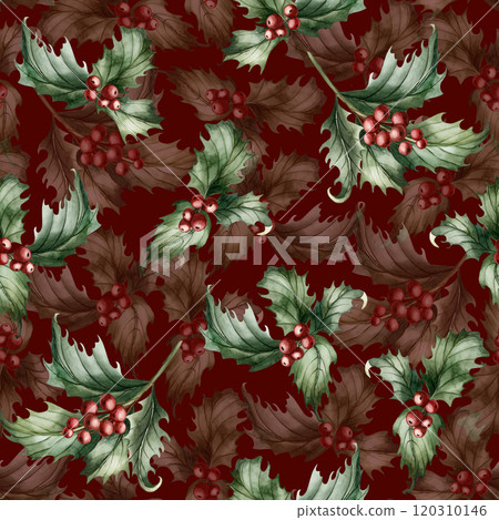 Holly branches with leaves and red berries. Traditional Christmas plant. Watercolor seamless pattern on dark burgundy background for winter holiday design, cards, home textile, cozy wrapping paper 120310146