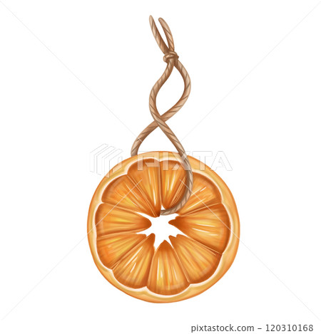 A Christmas tree toy made of dried orange on a string, an organic decoration for home and winter holidays. A handmade gift from organic materials. Sustainable new year and xmas. Isolated illustration A Christmas tree toy made of dried orange on a string, an organic decoration for home and winter holidays. A handmade gift from organic materials. Sustainable new year and xmas. Isolated illustration 120310168