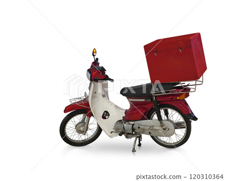 side view old red and white motorcycle, plastic box placed at the back of the motorcycle seat on white background, object, transpotation, technology, copy space side view old red and white motorcycle, plastic box placed at the back of the motorcycle seat on white background, object, transpotation, technology, copy space 120310364
