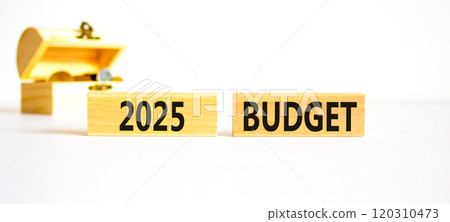 Planning 2025 budget new year symbol. Concept words 2025 Budget on beautiful wooden blocks. Beautiful white background. Wooden chest with coins. Business 2025 budget new year concept. Copy space. 120310473