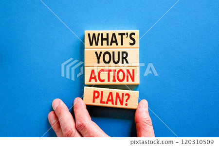 Action plan symbol. Concept words What is your action plan on beautiful wooden blocks. Beautiful blue table blue background. Businessman hand. Business What is your action plan concept. Copy space 120310509