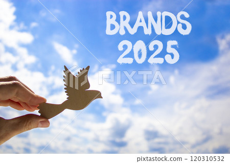 Planning brands 2025 new year symbol. Concept words Brands 2025 on beautiful blue sky. Beautiful blue sky clouds background. Hand with wooden bird. Business brands 2025 new year concept. Copy space. Planning brands 2025 new year symbol. Concept words Brands 2025 on beautiful blue sky. Beautiful blue sky clouds background. Hand with wooden bird. Business brands 2025 new year concept. Copy space. 120310532