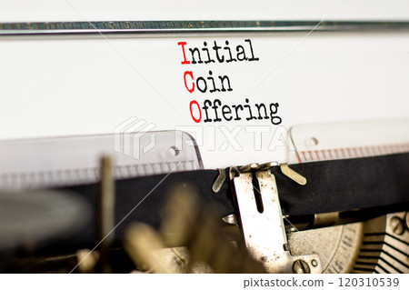 ICO initial coin offering symbol. Concept words ICO initial coin offering typed on beautiful old retro typewriter. Beautiful white background. Business ICO initial coin offering concept. Copy space. ICO initial coin offering symbol. Concept words ICO initial coin offering typed on beautiful old retro typewriter. Beautiful white background. Business ICO initial coin offering concept. Copy space. 120310539