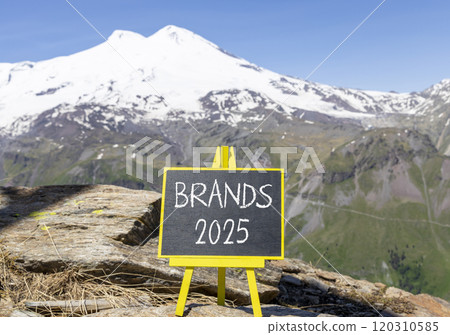 Planning brands 2025 new year symbol. Concept words Brands 2025 on beautiful yellow chalk blackboard. Beautiful mountain Elbrus background. Business brands 2025 new year concept. Copy space. Planning brands 2025 new year symbol. Concept words Brands 2025 on beautiful yellow chalk blackboard. Beautiful mountain Elbrus background. Business brands 2025 new year concept. Copy space. 120310585