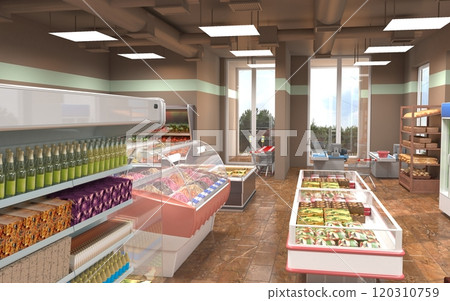 shop, grocery store, interior visualization, 3D illustration shop, grocery store, interior visualization, 3D illustration 120310759