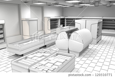 shop, grocery store, interior visualization, 3D illustration 120310771