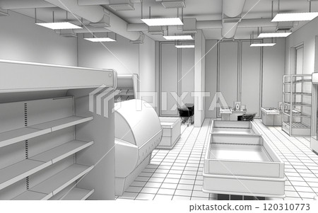 shop, grocery store, interior visualization, 3D illustration 120310773