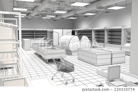 shop, grocery store, interior visualization, 3D illustration 120310774