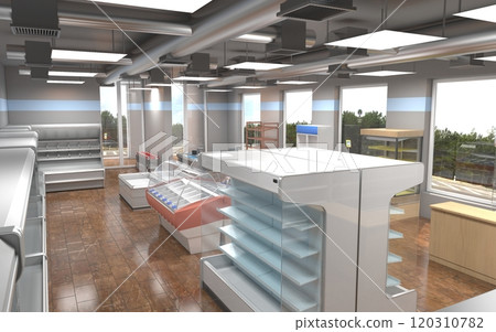 shop, grocery store, interior visualization, 3D illustration 120310782