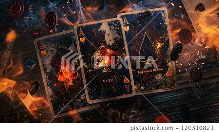 Playing cards engulfed in flames, copy space, space for text 120310821