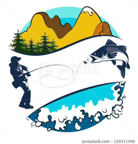 A fisherman with a fishing rod catches fish against the backdrop of mountains and water 120311399