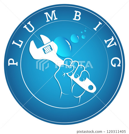 A wrench in the hand of a plumber and water drops A wrench in the hand of a plumber and water drops 120311405